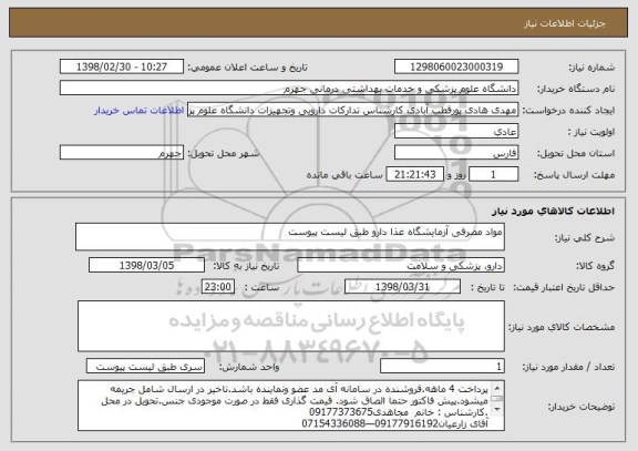 استعلام مواد مصرفی آزمایشگاه غذا دارو طبق لیست پیوست