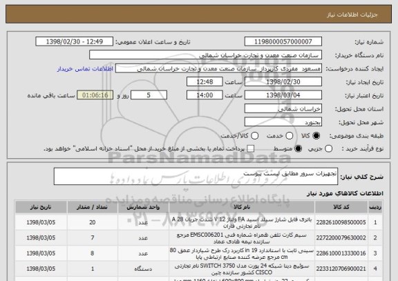 استعلام تجهیزات سرور مطابق لیست پیوست