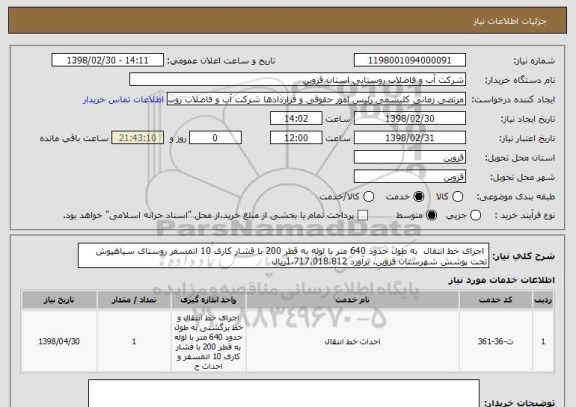 استعلام  اجرای خط انتقال  به طول حدود 640 متر با لوله به قطر 200 با فشار کاری 10 اتمسفر روستای سیاهپوش تحت پوشش شهرستان قزوین. برآورد 1،717،018،812ریال 
