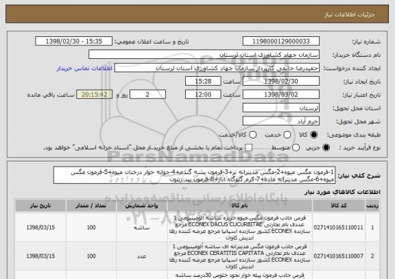 استعلام 1-فرمون مگس میوه+2-مگس مدیترانه نر+3-فرمون پشه گندم+4-جوانه خوار درختان میوه+5-فرمون مگس میوه+6-مگس مدیترانه ماده+7-کرم گلوگاه انار+8-فرمون بید زیتون