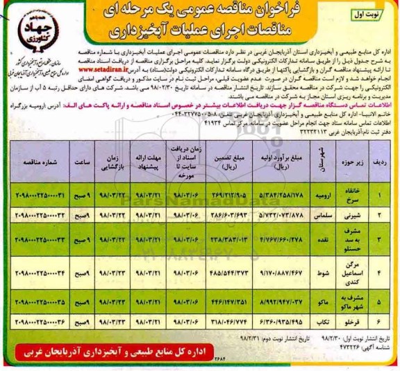 فراخوان مناقصه عمومی یک مرحله ای ,فراخوان اجرای عملیات آبخیزداری 