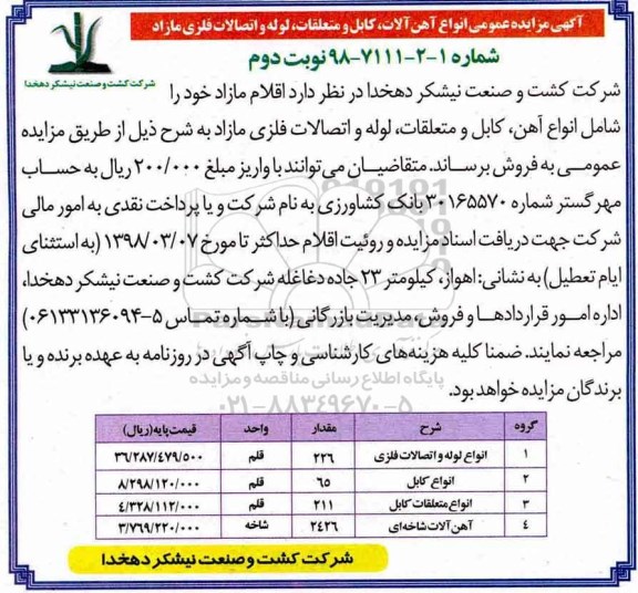 آگهی مزایده عمومی , مزایده انواع آهن آلات، کابل و متعلقات، لوله و اتصالات فلزی مازاد نوبت دوم