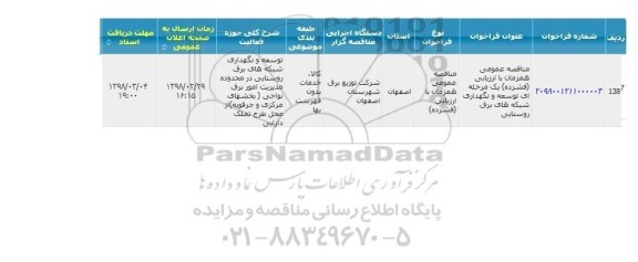 مناقصه, مناقصه توسعه و نگهداری شبکه های برق روستایی 