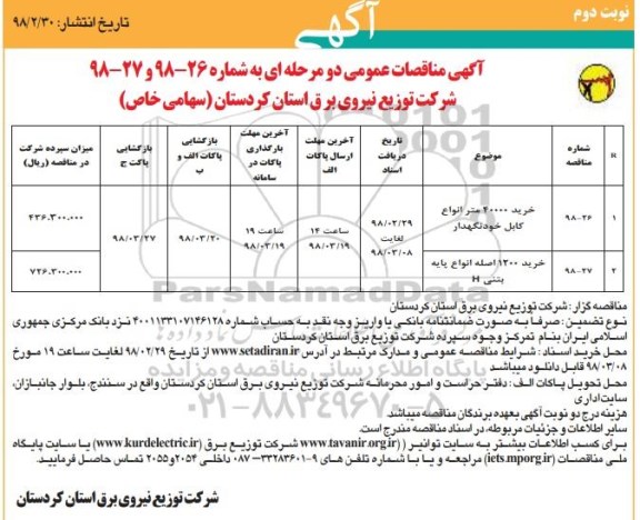 مناقصه , مناقصه خرید 40000 متر انواع کابل و ... - نوبت دوم 