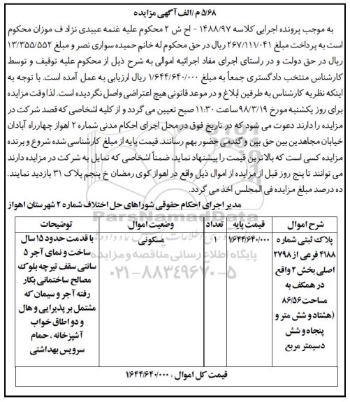  مزایده, مزایده ملک مسکونی پلاک ثبتی 4188 فرعی از 2798 