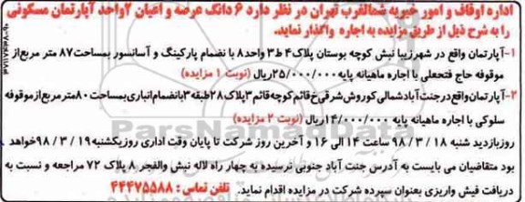 مزایده , مزایده اجاره آپارتمان مسکونی 