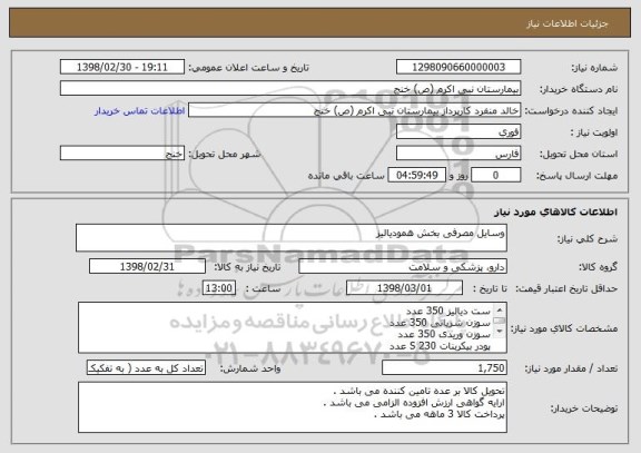 استعلام وسایل مصرفی بخش همودیالیز