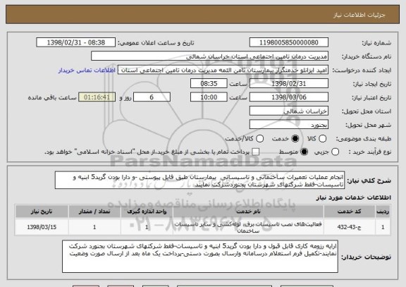 استعلام انجام عملیات تعمیرات ساختمانی و تاسیساتی  ییمارستان طبق فایل پیوستی -و دارا بودن گرید5 ابنیه و تاسیسات-فقط شرکتهای شهرستان بجنوردشرکت نمایند