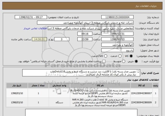 استعلام دوربین مدار بسته بالت با قابلیت دید درشب و دستگاه ضبط و پخش16کاناله2هارد 
نیاز بیش از یکی ایران کد مشابه ق.ق نمیباشد
09177419600 آقای تقوی