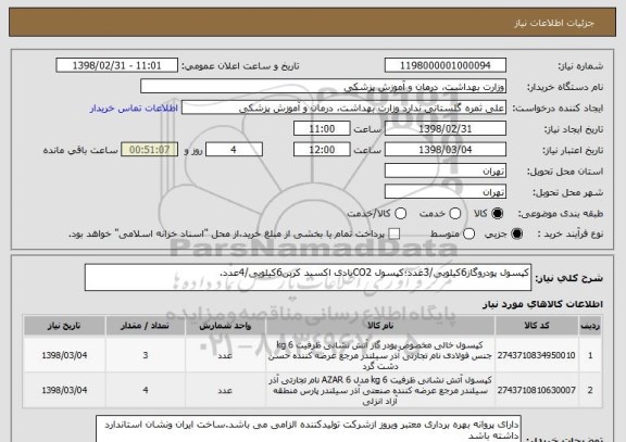 استعلام کپسول پودروگاز6کیلویی/3عدد؛کپسول CO2یادی اکسید کربن6کیلویی/4عدد.