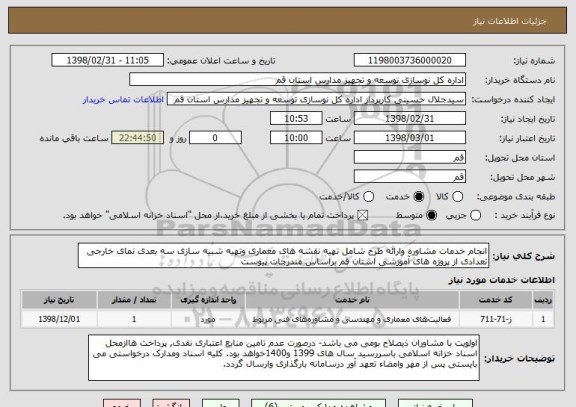 استعلام انجام خدمات مشاوره وارائه طرح شامل تهیه نقشه های معماری وتهیه شبیه سازی سه بعدی نمای خارجی تعدادی از پروژه های آموزشی استان قم براساس مندرجات پیوست