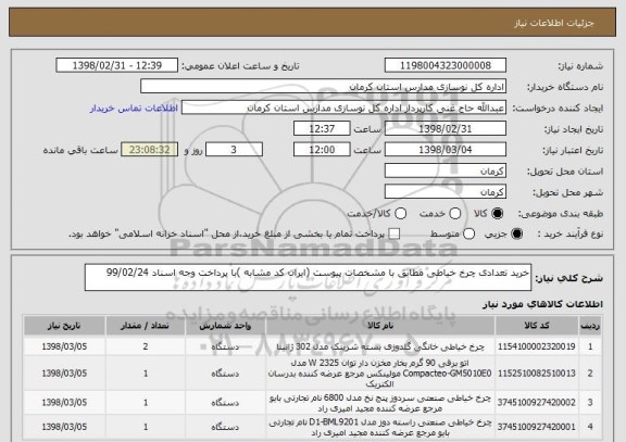 استعلام خرید تعدادی چرخ خیاطی مطابق با مشخصات پیوست (ایران کد مشابه )با پرداخت وجه اسناد 99/02/24