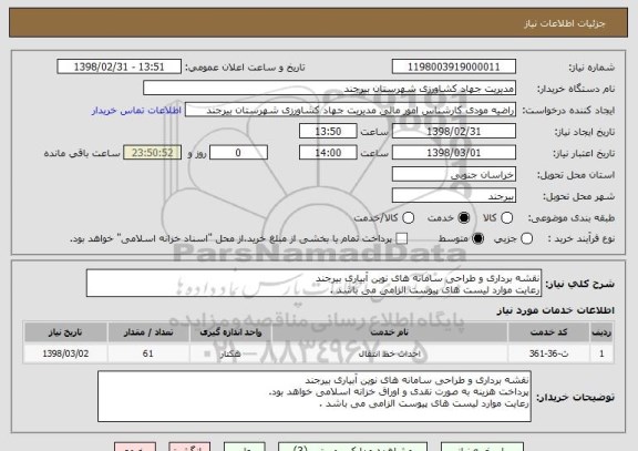 استعلام نقشه برداری و طراحی سامانه های نوین آبیاری بیرجند 
رعایت موارد لیست های پیوست الزامی می باشد .