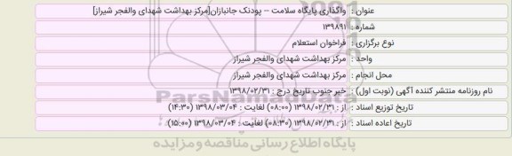 فراخوان استعلام, استعلام واگذاری پایگاه سلامت پودنک