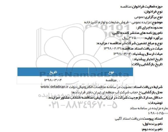 مزایده فروش ضایعات و لوازم آشپزخانه