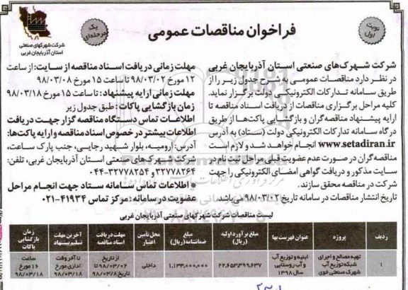 فراخوان مناقصات عمومی یک مرحله ای,فراخوان تهیه مصالح و اجرای شبکه توزیع آب شهرک