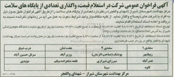 فراخوان استعلام , فراخوان استعلام واگذاری تعدادی از پایگاههای سلامت