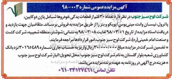 آگهی مزایده عمومی , مزایده فروش تعداد 30 قلم از قطعات یدکی خودروها