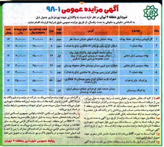 مزایده , مزایده واگذاری گل فروشی ریشه ای... 