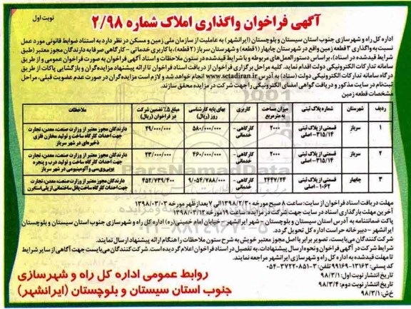 آگهی فراخوان , فراخوان واگذاری 3 قطعه زمین