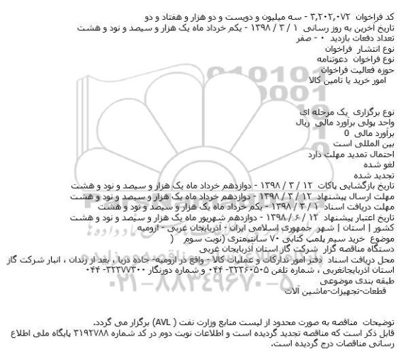 مناقصه،مناقصه خرید سیم پلمپ کتابی...