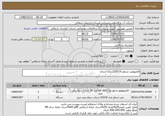 استعلام الکتروپمپ شناور 233/10ستاد استان 