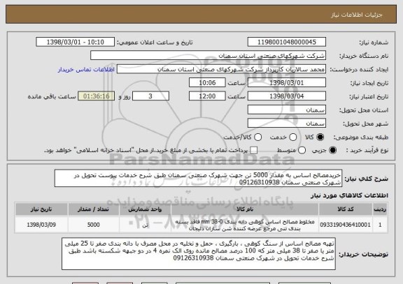 استعلام خریدمصالح اساس به مقدار 5000 تن جهت شهرک صنعتی سمنان طبق شرح خدمات پیوست تحویل در شهرک صنعتی سمنان 09126310938