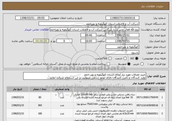 استعلام خرید اتصالات مورد نیاز آبفای استان کهگیلویه و بویر احمد
تولید کنندگان و تأمین کنندگان دارای مجوز رسمی میتوانند در این استعلام شرکت نمایند .