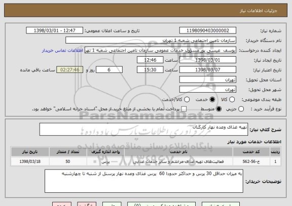استعلام تهیه غذای وعده نهار کارکنان
