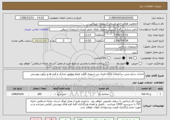 استعلام احداث سازه بتنی ساختمان پایگاه امداد بین شهری آقکند میانه مطابق مدارک و فرم ها و برآورد پیوستی