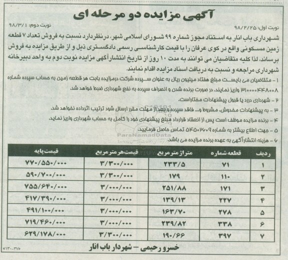 مزایده، مزایده فروش تعداد 7 قطعه زمین مسکونی نوبت دوم