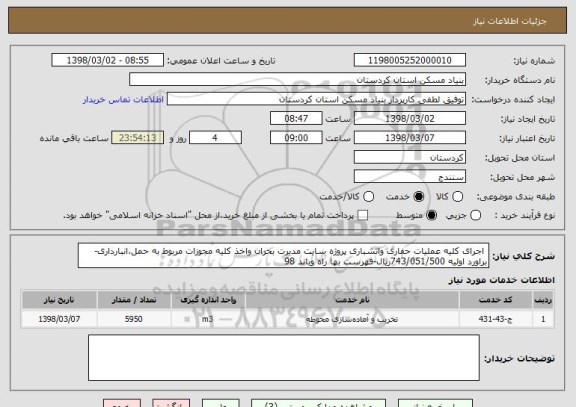 استعلام  اجرای کلیه عملیات حفاری واتشباری پروژه سایت مدیرت بحران واخذ کلیه مجوزات مربوط به حمل،انبارداری-براورد اولیه 743/051/500ریال-فهرست بها راه وباند 98