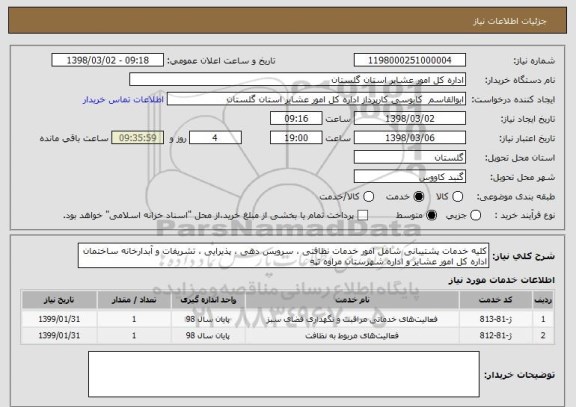استعلام کلیه خدمات پشتیبانی شامل امور خدمات نظافتی ، سرویس دهی ، پذیرایی ، تشریفات و آبدارخانه ساختمان اداره کل امور عشایر و اداره شهرستان مراوه تپه