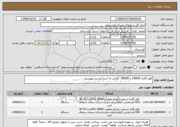 استعلام کولر گازی 18000 و 28000  ایرانی به شرح لیست پیوستی