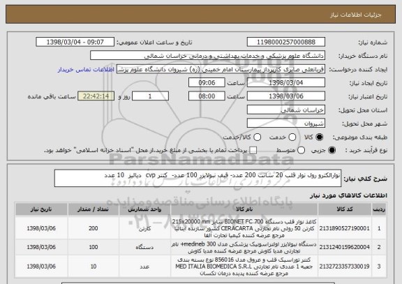 استعلام نوارالکترو رول نوار قلب 20 سانت 200 عدد- قبف نبولایزر 100 عدد-  کتتر cvp  دیالیز  10 عدد