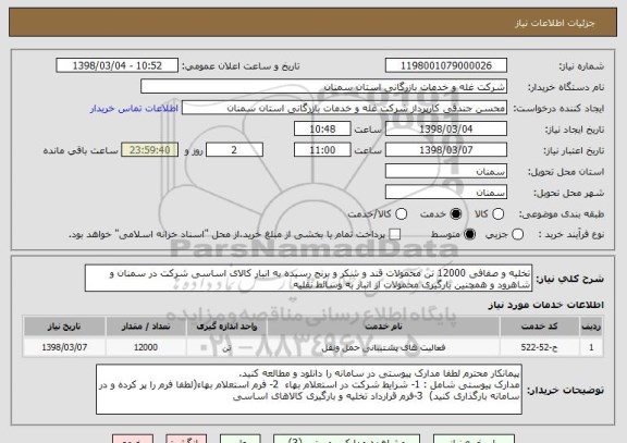 استعلام تخلیه و صفافی 12000 تن محمولات قند و شکر و برنج رسیده به انبار کالای اساسی شرکت در سمنان و شاهرود و همچنین بارگیری محمولات از انبار به وسائط نقلیه