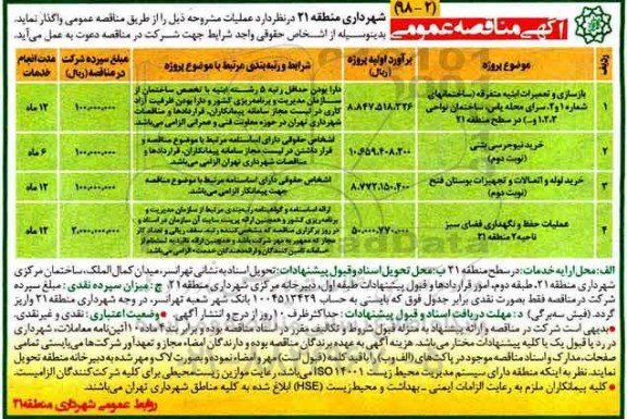 مناقصه ,  بازسازی و تعمیرات ابنیه متفرقه ساخمان های شماره 1 و 2