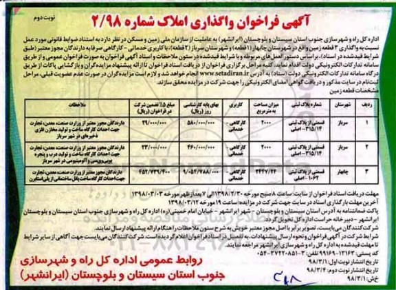 آگهی فراخوان , فراخوان واگذاری 3 قطعه زمین - نوبت دوم