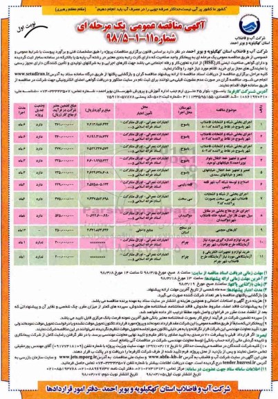 آگهی مناقصه عمومی یک مرحله ای, مناقصه اجرای بخشی از شبکه و انشعابات فاضلاب ... 