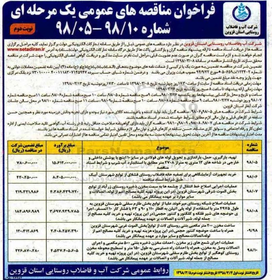 فراخوان مناقصه های عمومی , مناقصه تهیه، بارگیری، حمل، باراندازی و تحویل لوله های فولادی... نوبت دوم 