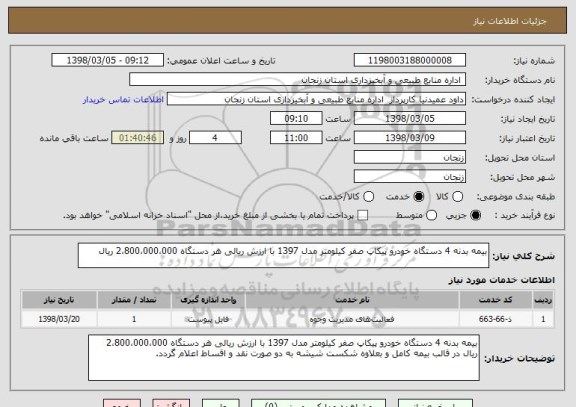 استعلام بیمه بدنه 4 دستگاه خودرو پیکاپ صفر کیلومتر مدل 1397 با ارزش ریالی هر دستگاه 2،800،000،000 ریال 