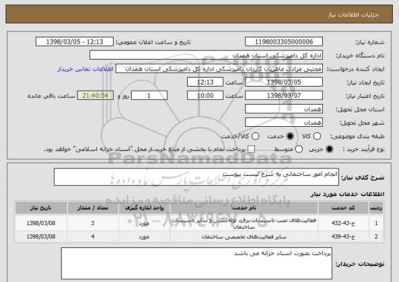 استعلام انجام امور ساختمانی به شرح لیست پیوست 