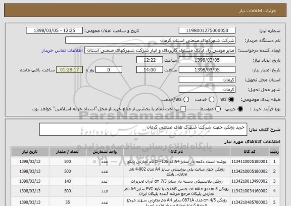 استعلام  خرید زونکن جهت شرکت شهرک های صنعتی کرمان