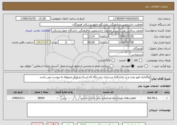 استعلام واگذاری امور پخت و پز دانشکده پرستاری بندر لنگه که اسناد و اوراق مربوطه به پیوست می باشد