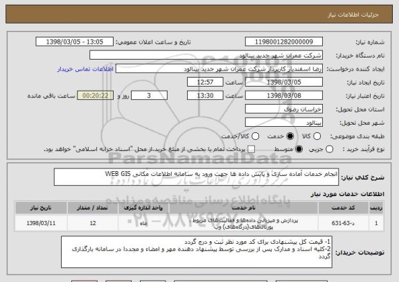 استعلام انجام خدمات آماده سازی و پایش داده ها جهت ورود به سامانه اطلاعات مکانی WEB GIS