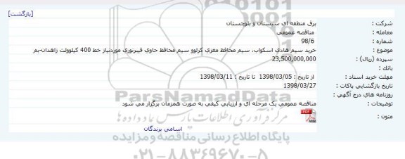 مناقصه, مناقصه خرید سیم هادی اسکواب، سیم محافظ مغزی کرلوو سیم محافظ