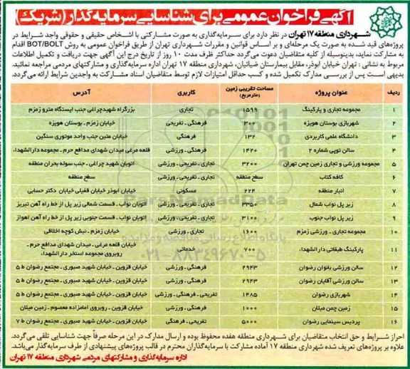 فراخوان ، فراخوان عمومی برای شناسایی سرمایه گذار شریک