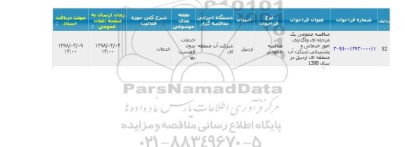 مناقصه عمومی, مناقصه  واگذاری امور خدماتی و پشتیبانی
