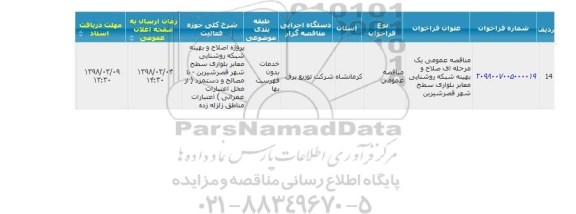 مناقصه عمومی اصلاح و بهینه شبکه روشنایی معابر