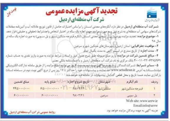 مزایده عمومی, تجدید مزایده بهره برداری از آبهای معدنی
